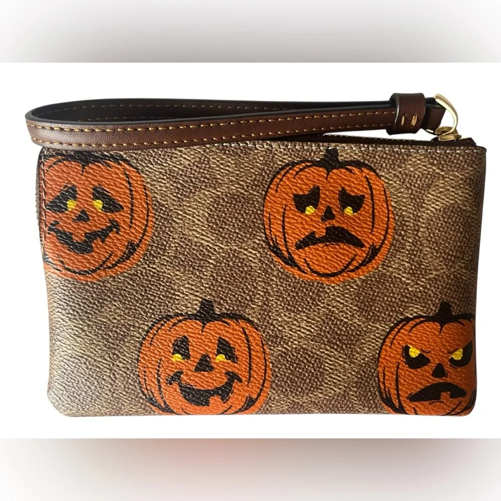 Coach Jack-O'-Lantern Print Zip Wristlet - Brown & Orange